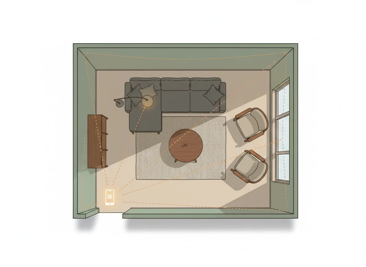 A diagram-style illustration of a small living room seen from above, with a smartphone icon in the doorway and dotted lines showing the camera's field of view fanning out into the room — capturing the full floor, both side walls, the back wall, and the ceiling line — illustrating the one-point-perspective doorway angle for AI room design photos.