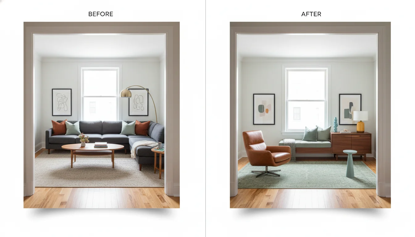 A side-by-side photo of a phone-camera shot of a living room — taken from the doorway in one-point perspective, midday natural light, clutter cleared from the coffee table — next to the same room redesigned by AI in a warm contemporary style with a charcoal sofa, oak coffee table, oatmeal rug, and a brass arc lamp, illustrating how to take photos for AI room design.