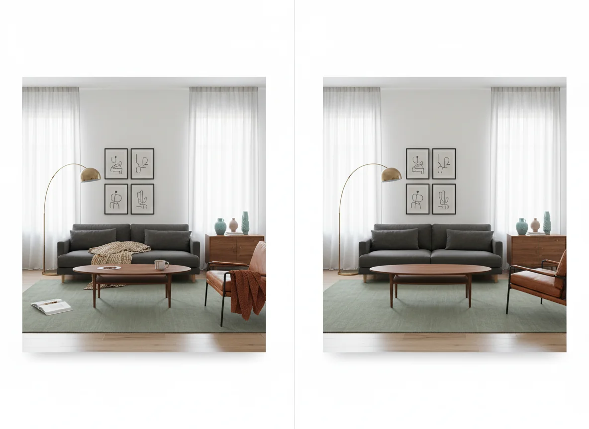 A clean side-by-side photo of the same living room shot — left frame shows the room with mild lived-in clutter (one mug, a folded throw blanket on the sofa, an open book on the coffee table); right frame shows the same room with that loose clutter cleared away while major furniture, rugs, curtains, and art are left in place — illustrating the right tidying level for AI room design photos.