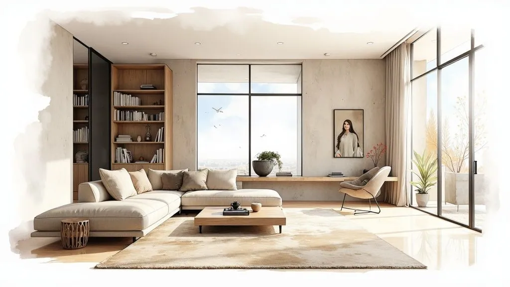 Modern minimalist living room with beige sectional sofa, wooden shelving, and natural light