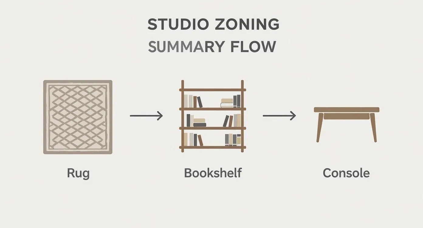 Studio apartment zoning flow diagram showing rug, bookshelf, and console furniture arrangement sequence