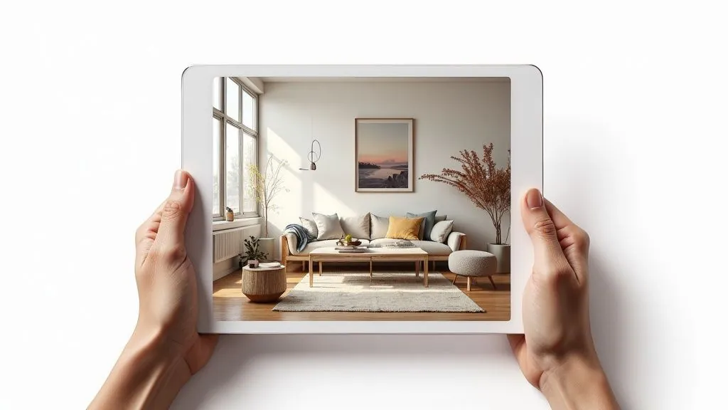 A person using Roomagine on a tablet to create a 3D rendering of a modern living room.