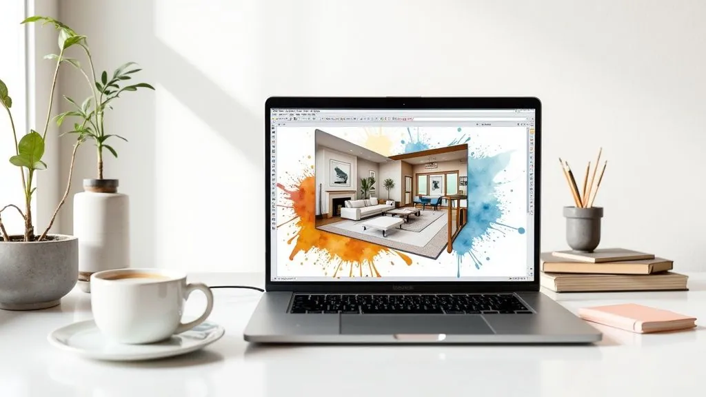 A modern living room designed with interior design software, showcasing furniture and decor.