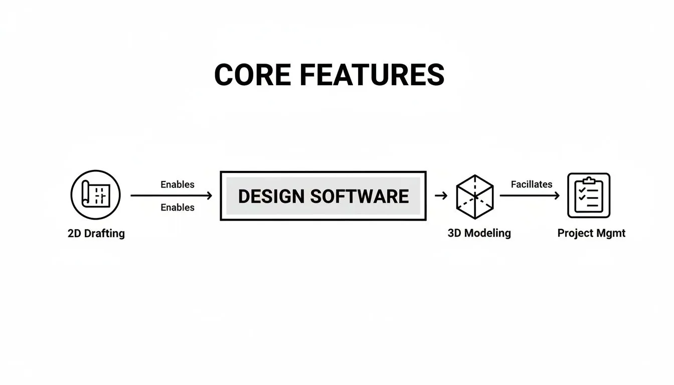A diagram outlining design software core features including 2D drafting, 3D modeling, and project management.