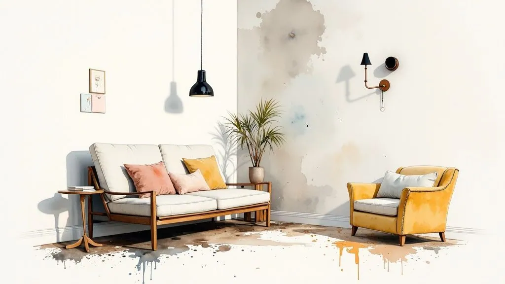 An example of layered lighting in a modern living room, with recessed ambient lights, a floor lamp for task lighting, and an accent light on a plant.