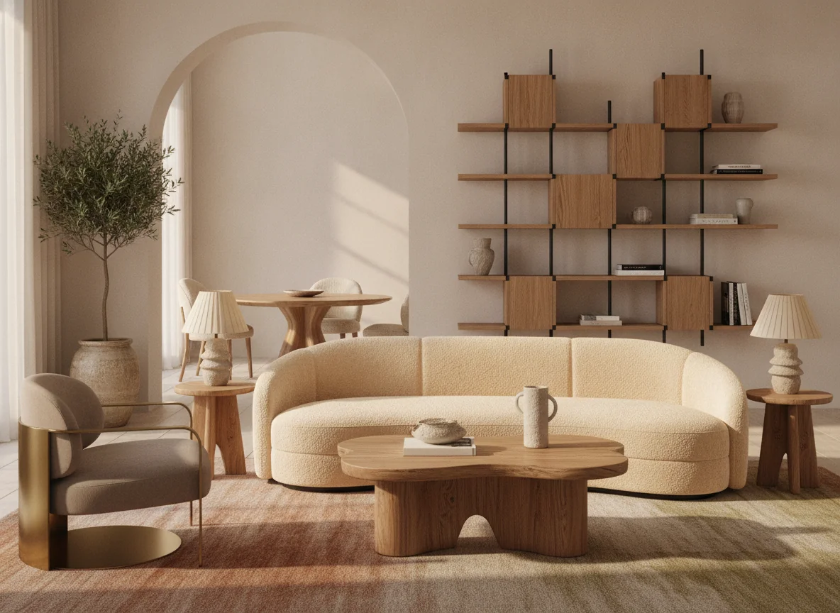 A photoreal AI-rendered living room showcasing the furniture and silhouette trends of 2026 — a large curved bouclé sofa in warm cream, an organic cerused oak coffee table with live edge, a sculptural brass-and-bouclé armchair, asymmetric floating shelving in cerused oak and black metal, a pedestal dining table with round top, ceramic lamps with pleated linen shades, wool-blend rug in earth tones, olive tree in stoneware planter.