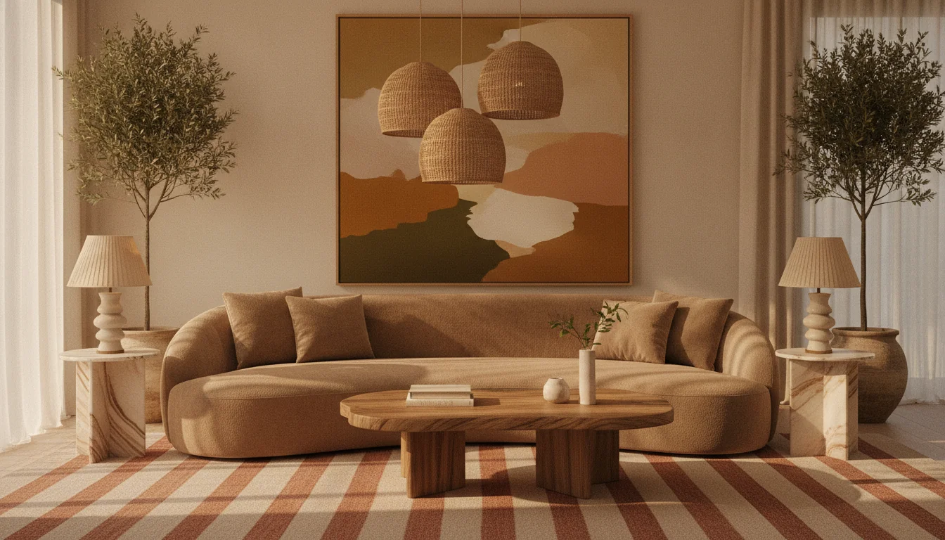 A photoreal AI-rendered contemporary living room showcasing the key interior design trends of 2026 — warm taupe bouclé modular sofa, curved organic coffee table in cerused oak, large abstract earth-tone painting, layered ceramic lamps with pleated linen shades, wool-blend rug in terracotta stripes, olive trees in stoneware planters, alabaster side table, woven abaca pendants at different heights, warm afternoon light through sheer linen curtains.