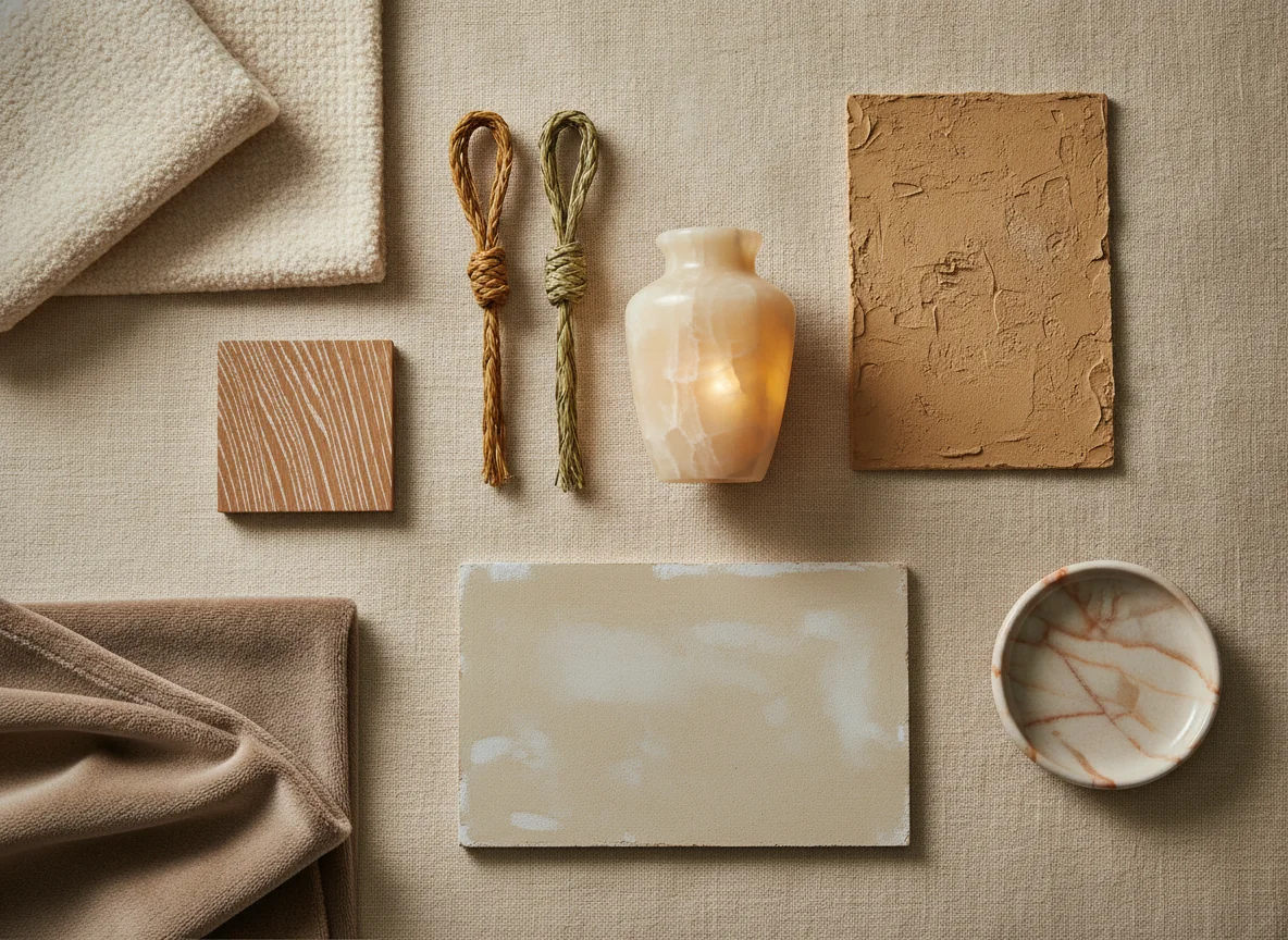 A clean editorial flat-lay showing the key material trends of 2026 — swatch of cream bouclé fabric, cerused oak sample with white-filled grain, hand-troweled plaster in warm limestone, small alabaster vase with visible mineral veining, two woven abaca and seagrass pendant cord samples, piece of limewash-painted drywall with mottled finish, cut of taupe chenille fabric, alabaster-vein ceramic dish — illustrating the material and texture trends of interior design 2026.