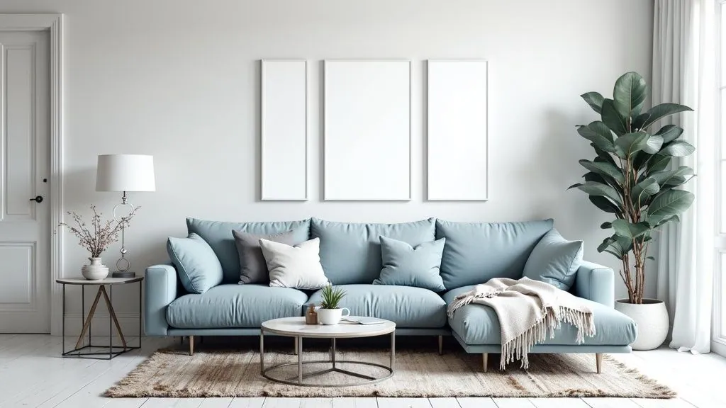A sophisticated living room painted in a soft, cool gray, with modern furniture and pops of color.