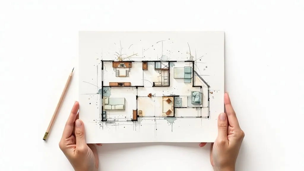 Hands hold a watercolor sketch of a detailed floor plan with furniture and a pencil on white background.