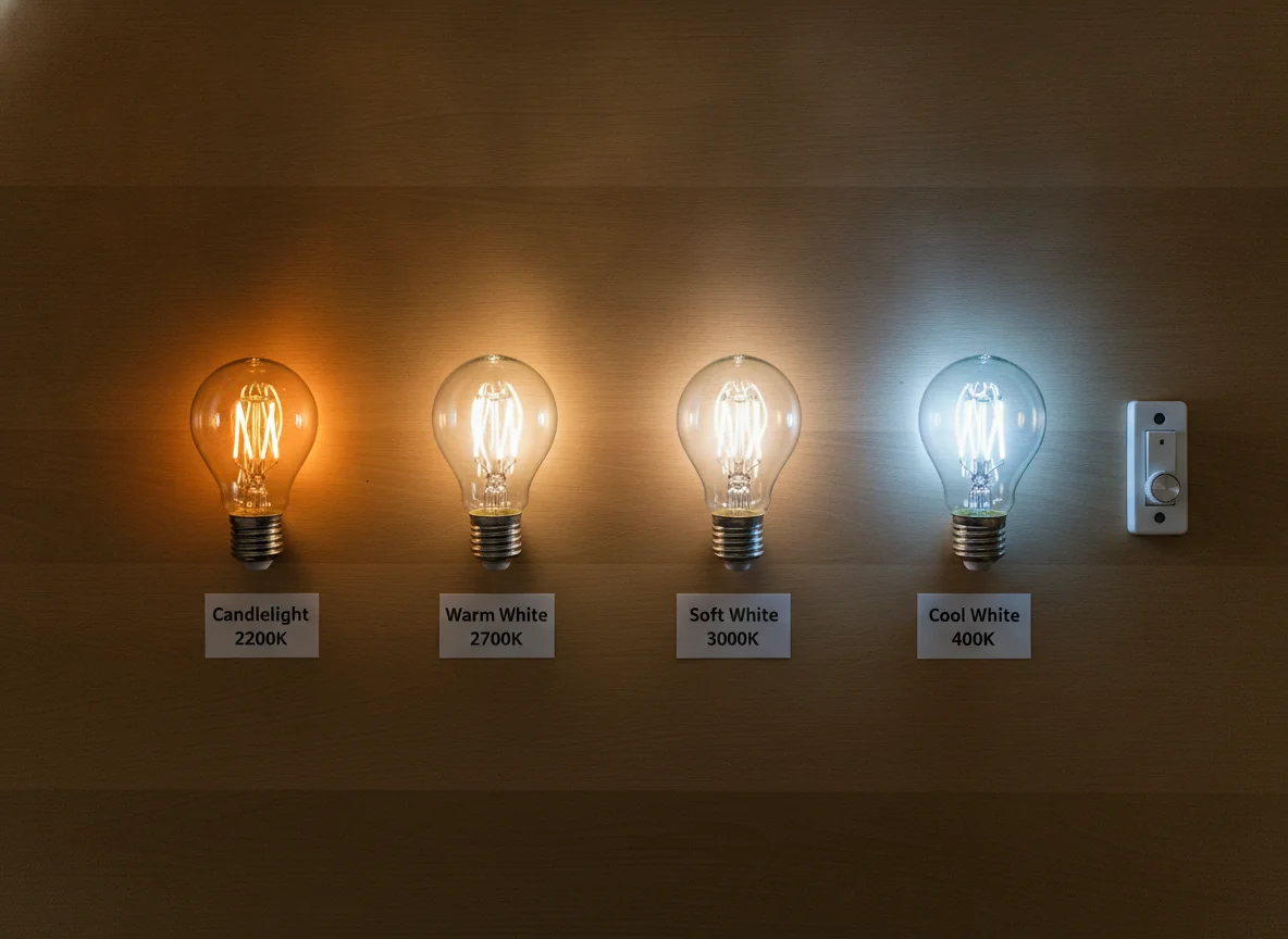 An editorial flat-lay of four LED light bulbs on a warm wooden surface comparing color temperatures — a 2200K candlelight bulb with warm amber glow, a 2700K warm white bulb with soft golden glow, a 3000K soft white bulb with neutral warm glow, and a 4000K cool white bulb with crisp brighter glow, each casting a small pool of light, with a small white dimmer switch beside them, home lighting education style.