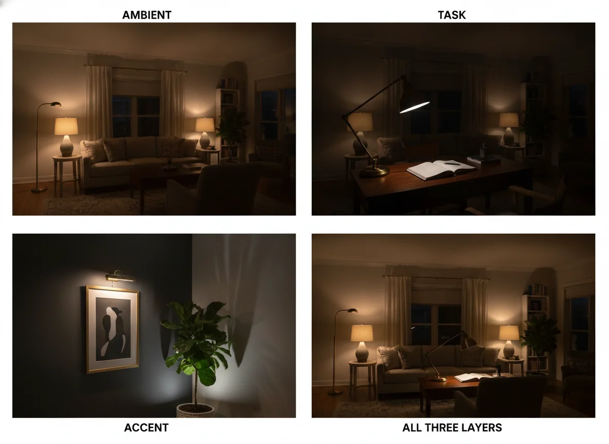 A clean editorial 4-up grid showing the three layers of residential lighting design — top-left panel showing ambient light from a torchiere floor lamp and cream table lamp with soft even illumination, top-right panel showing focused task light from a brass desk lamp on a notebook, bottom-left panel showing accent light from a picture light on art and a plant uplight casting leafy shadows, bottom-right panel showing the full room with all three layers active for a warm layered effect, interior design magazine style.