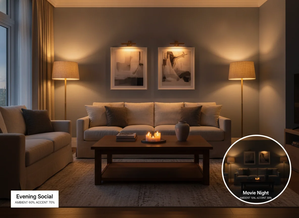 An AI-rendered living room at twilight with a scene table overlay showing lighting scenes — the main room in 'Evening Social' mode with ambient at 60 percent and accent at 70 percent, warm glow from two floor lamps and picture lights, with a small inset showing the same room in 'Movie Night' mode with dim ambient at 10 percent and accent at 30 percent, cream linen sofa and walnut coffee table, dramatic shadows, editorial photography style.