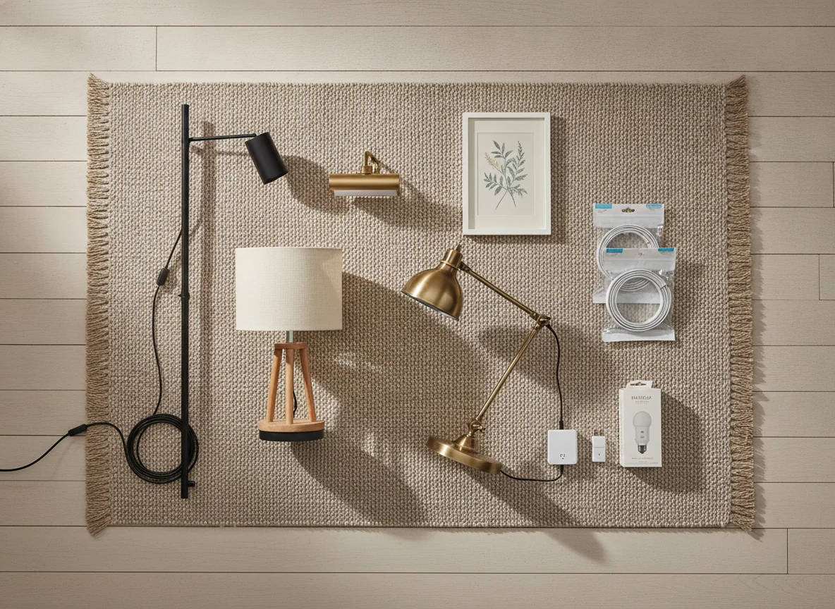 A clean editorial flat-lay of renter-friendly layered lighting components on a pale wood floor over a jute rug — a slim black torchiere floor lamp, a cream linen drum shade table lamp, a brass articulated reading lamp, a small battery-powered picture light clipped to a framed print, stick-on LED strip lights in their packaging, a white plug-in dimmer module, and a smart bulb in a box, all arranged for a no-wiring lighting setup, warm natural light, interior design magazine style.