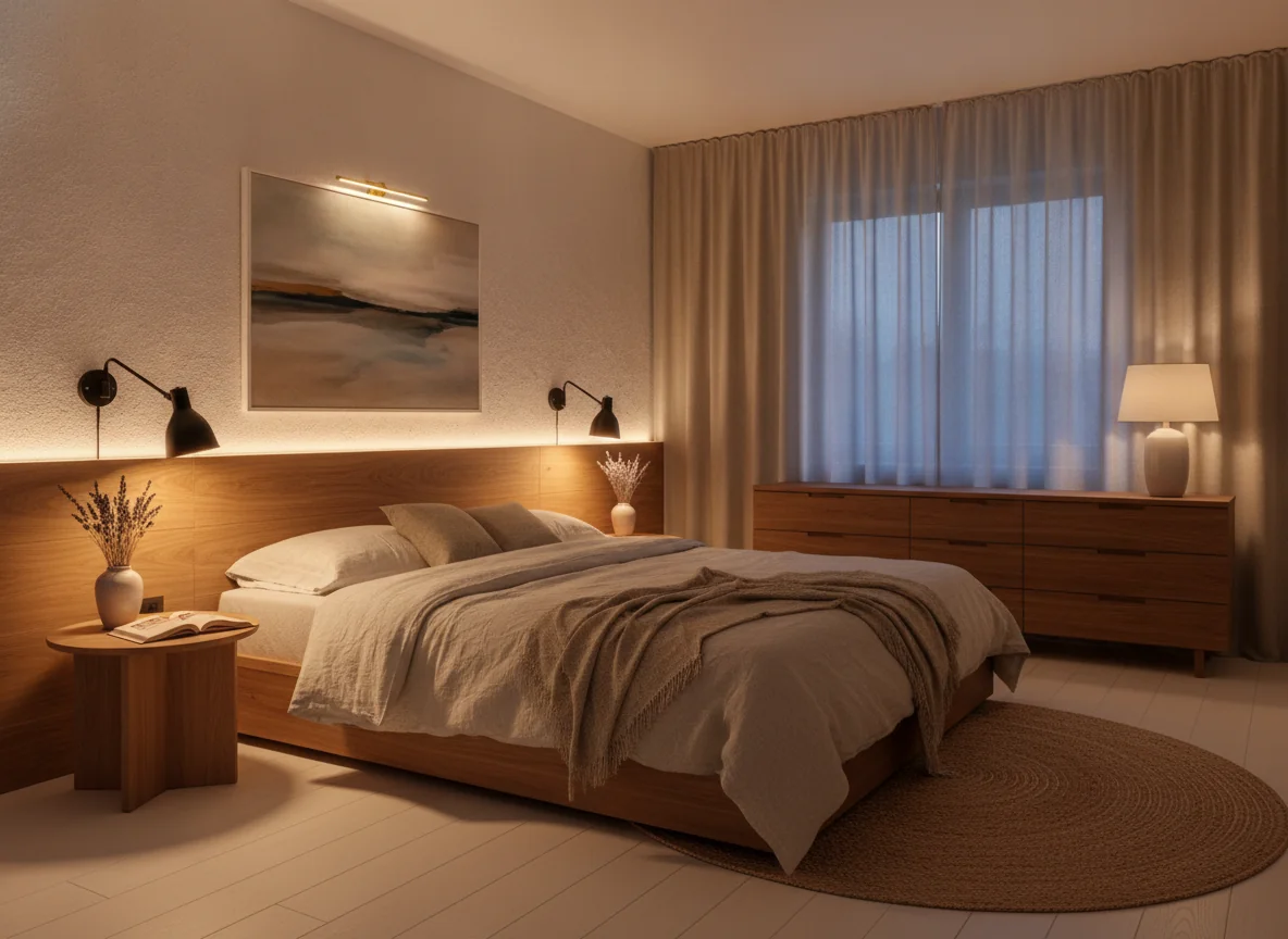 A serene AI-rendered primary bedroom at twilight showing layered lighting — a low platform bed with linen bedding flanked by two matte-black swing-arm sconces casting warm task light onto bedside tables, warm ambient cove LED strips behind a floating headboard panel creating a soft halo glow on a textured plaster wall, and a picture light illuminating abstract art above the headboard, with a walnut dresser, linen curtains, white oak flooring, and a jute area rug completing the scene.