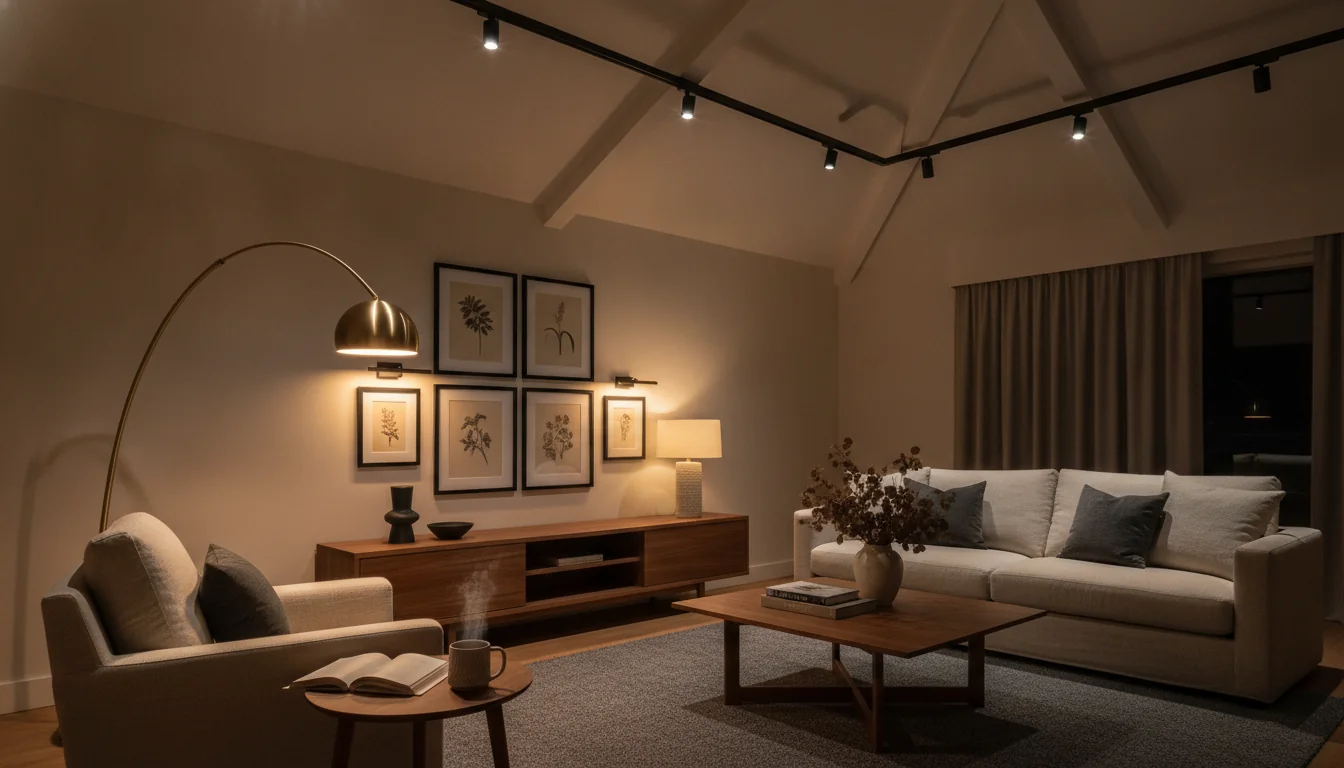 A warm AI-rendered living room at dusk with three distinct lighting layers — a matte-black track lighting system casting ambient light across a vaulted ceiling, a brass arc floor lamp providing task light over a cream linen armchair with an open book, and warm LED picture lights illuminating a gallery wall of framed botanical prints above a walnut media console