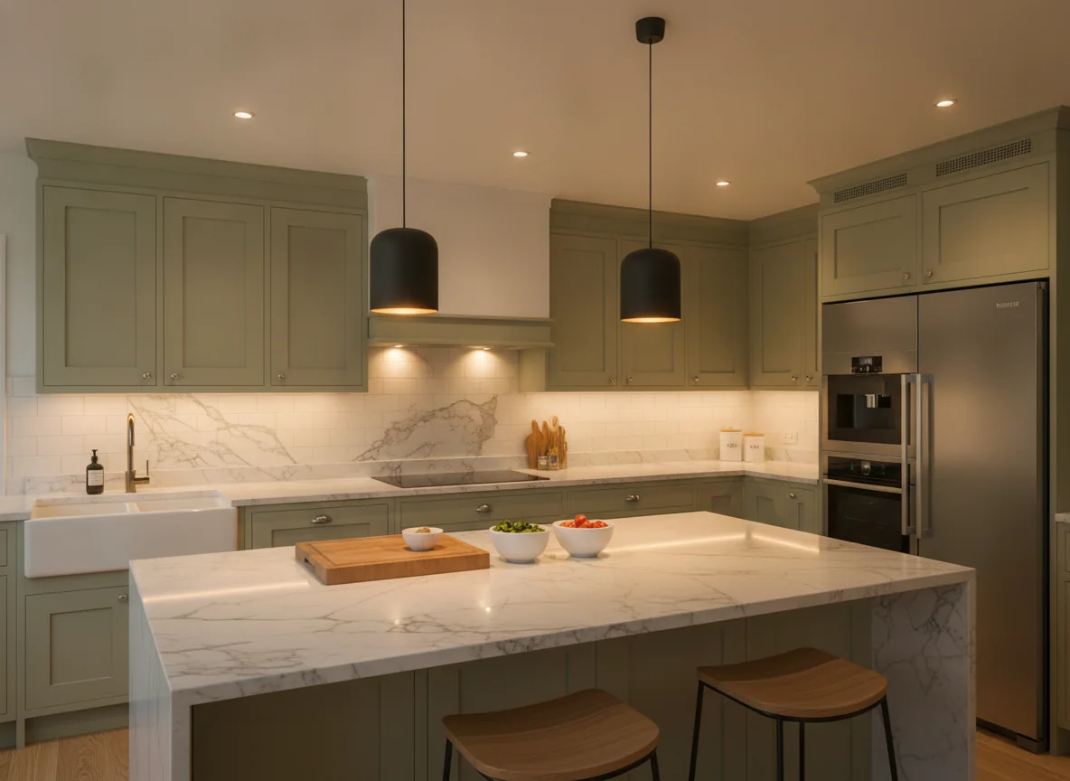 A bright AI-rendered kitchen island with warm recessed ceiling lights and under-cabinet LED strips providing shadow-free task light on a marble countertop with a wooden cutting board and ceramic prep bowls, a pair of black minimalist pendant lights hanging 32 inches above the island, and a breakfast bar with two counter stools in warm oak and black metal — illustrating a well-planned kitchen and dining lighting scheme.