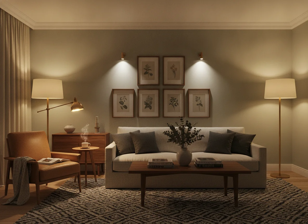 An AI-rendered living room at twilight demonstrating three distinct lighting layers — a warm ambient glow from cove LED strips along crown molding and two tall drum floor lamps in cream linen, a brass articulated reading lamp casting focused task light on a leather armchair with an open book, and accent picture lights illuminating framed botanical prints on a soft sage accent wall above a walnut sideboard, with a low oatmeal sofa and a live-edge coffee table completing the scene.