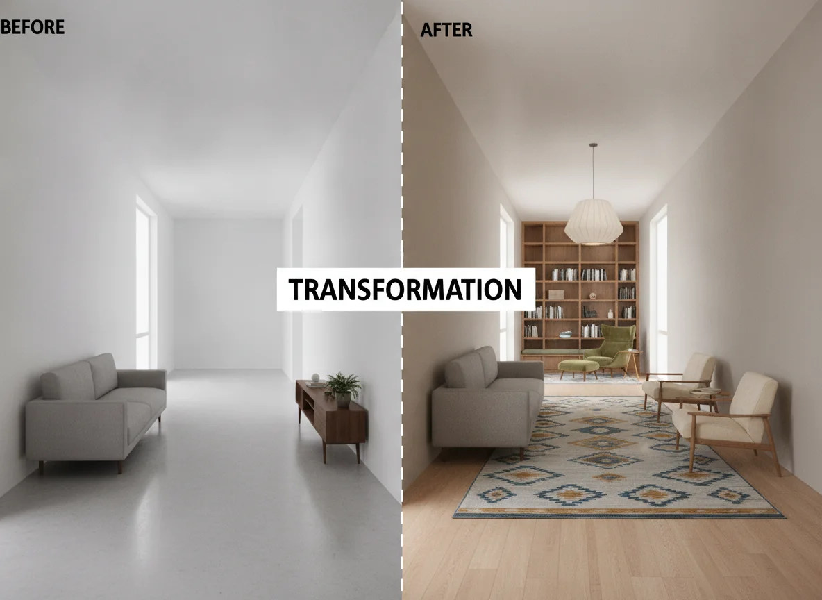 A clean side-by-side AI-render comparison showing the same long narrow room two ways — on the left, the "before" with a sofa and console lined against the two long walls and an empty center strip reading as a hallway; on the right, the "after" with the sofa floated into the middle facing two accent chairs, a runner rug down the center, a reading nook at the far end, and a pendant over the seating cluster breaking the sightline — illustrating the hallway-read versus the zoned-read.