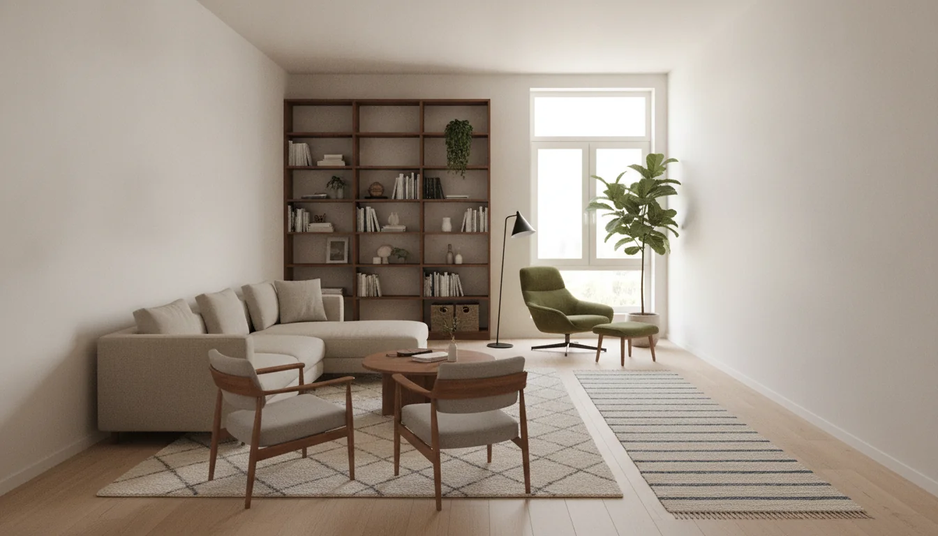 An AI-rendered long narrow living room styled as two distinct zones — a seating conversation cluster with a low sofa and accent chairs on one end and a reading nook with a bookcase and armchair on the other, connected by a runner rug down the center, warm natural light from a window at the far end, illustrating how to zone a bowling-alley room into a finished space.