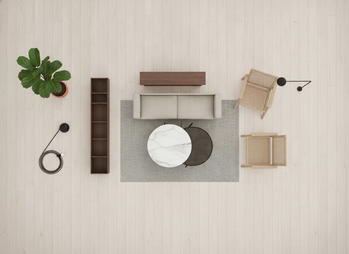 A clean editorial flat-lay showing the long narrow room design material and furniture vocabulary on a pale oak floor background — a slim low-profile sofa swatch, a pair of open-leg wooden accent chairs, a round nesting coffee table, a narrow 12-inch-deep console, a tall slim bookcase silhouette, a low-pile runner rug, a plug-in pendant, a floor lamp, and a tall fiddle-leaf fig, illustrating the low-and-slim furniture scale that suits narrow footprints.