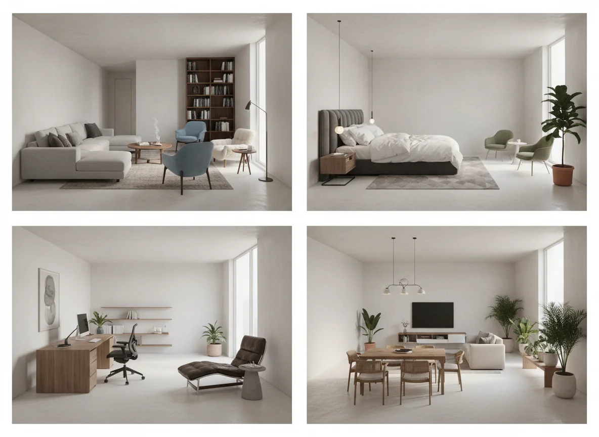 A clean 4-up editorial grid showing four AI-rendered long narrow room zoning plans — top-left a two-zone living room with a floated sofa conversation cluster near the entry and a reading nook with bookcase and armchair at the far end; top-right a long bedroom with the bed floated off the wall at one end and a sitting area with two chairs and a plant at the other; bottom-left a long home office with a desk zone near the window and a lounge chair and side table at the far end; bottom-right a long open-plan room with a dining zone at one end, a living zone in the middle, and a plant corner at the far end — illustrating zoning strategies for bowling-alley footprints.
