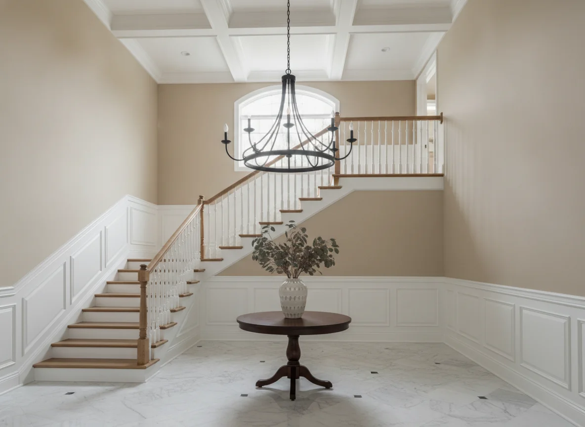 An AI-rendered editorial interior photo of a grand two-story entry hall with a statement matte-black chandelier featuring eight arms and candelabra bulbs hanging from a high ceiling at 36-inch drop, the chandelier is 40 inches in diameter, below it a round walnut console table with a ceramic vase of dried eucalyptus, warm neutral walls with white wainscoting, oak staircase visible on one side, marble tile floor, soft natural light from a tall window on the landing, the chandelier reads as grand and elegant, architectural lighting editorial style.
