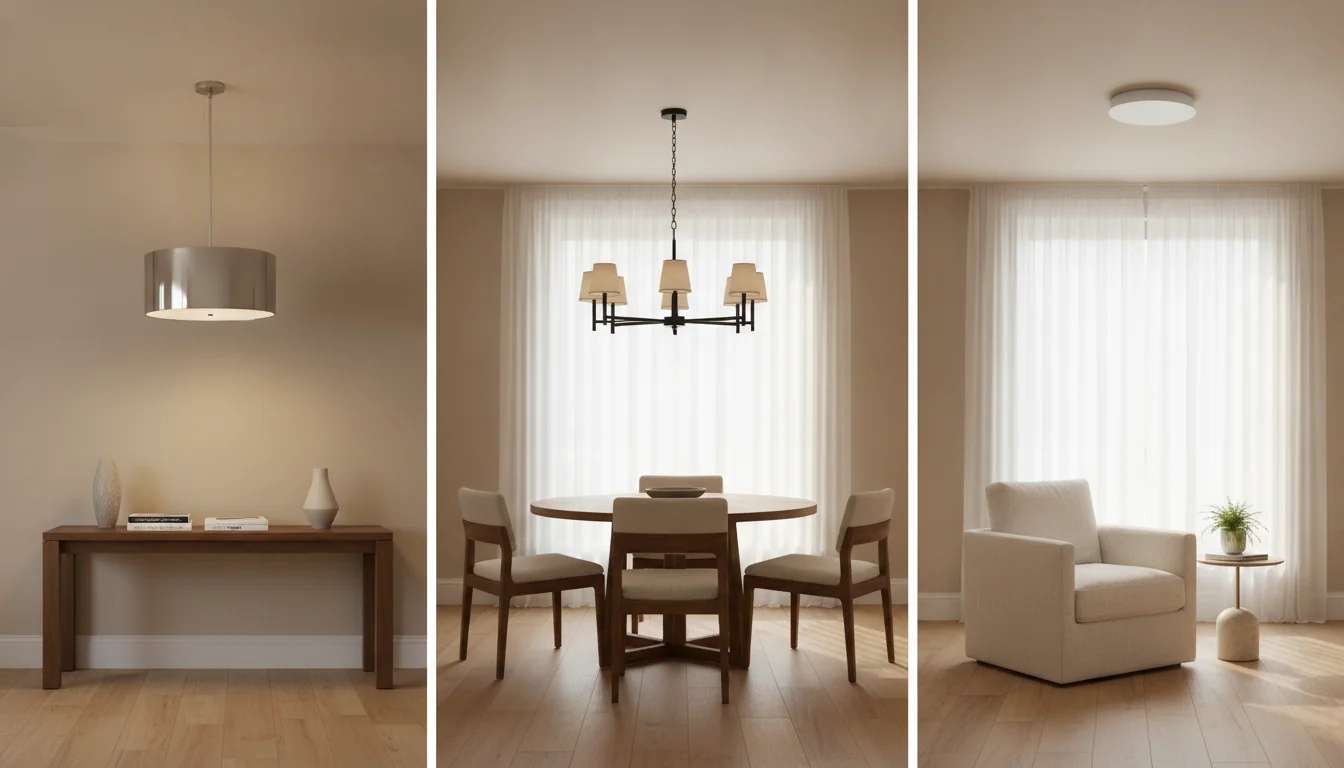 A side-by-side AI-rendered comparison of three ceiling fixture families in a single bright living room — left a polished-nickel drum pendant hung at 36 inches over a walnut console table, center a five-arm matte-black chandelier at 48 inches diameter over a round dining table, right a low-profile matte-white flush mount pressed cleanly against the ceiling above a seating area — illustrating the choice between pendant, chandelier, and flush mount fixtures.