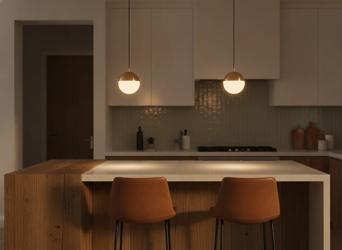 An AI-rendered editorial interior photo of a modern kitchen island at golden hour with two brushed-brass mini-pendant lights with warm white glass globes suspended on thin cords at 30 inches above a large white quartz island with a wooden butcher-block end and two caramel leather bar stools, behind the island a pale sage green backsplash, soft warm light fills the scene, the pendants cast focused pools of light onto the counter surface creating an inviting cozy evening kitchen atmosphere.
