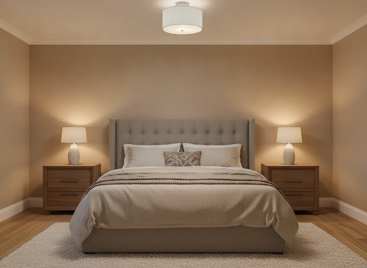 An AI-rendered editorial interior photo of a cozy bedroom with an 8-foot ceiling showing a matte-white semi-flush mount ceiling fixture with a shallow linen drum shade and a 6-inch stem pressed elegantly against the ceiling providing warm ambient light, below a bed with oatmeal linen bedding and a tufted mushroom-gray headboard, warm beige walls, walnut nightstands with small ceramic lamps, a cream wool rug on oak flooring, the semi-flush mount providing warm soft light that makes the low ceiling feel higher, peaceful residential interior photography style.