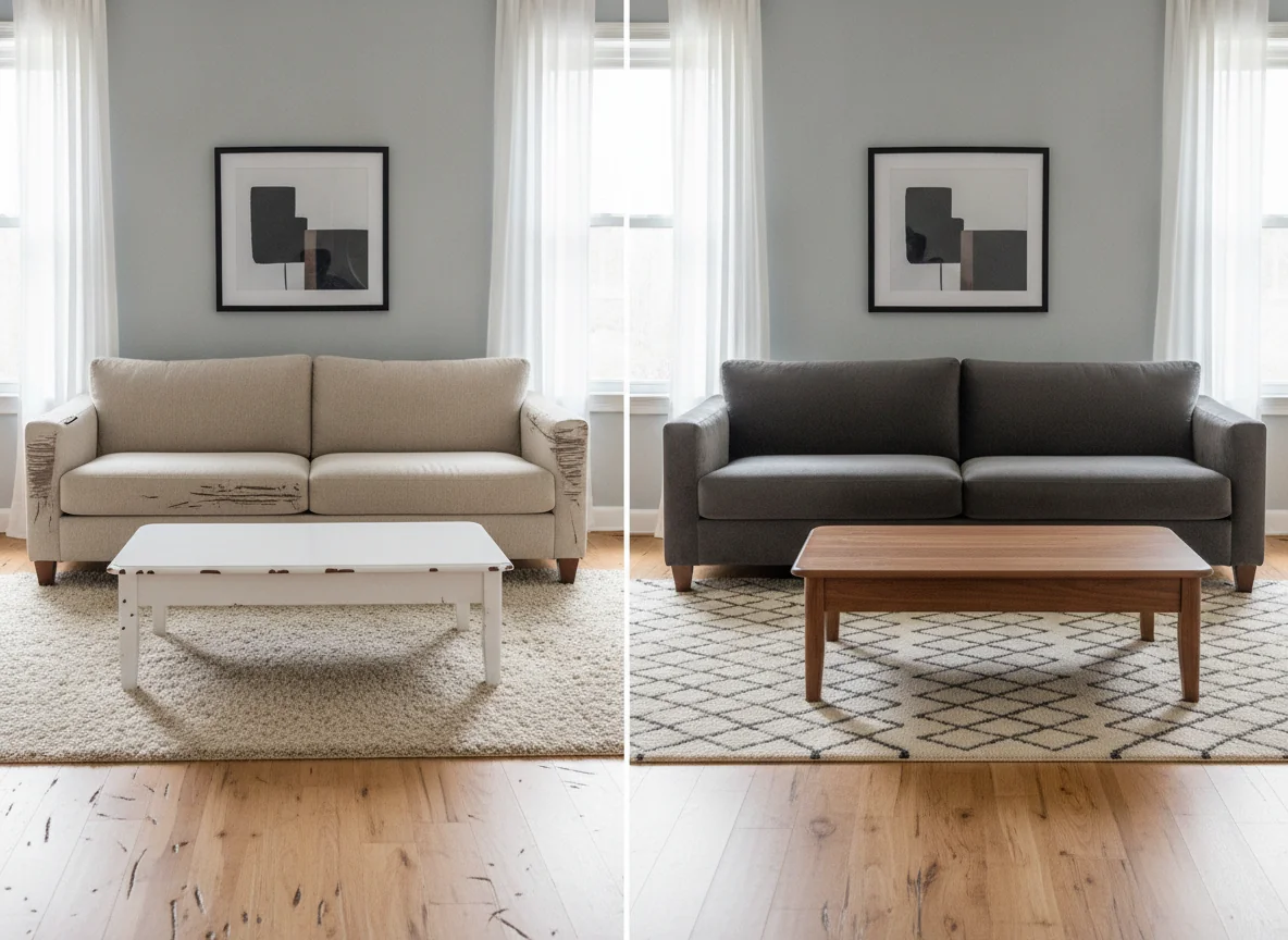 A side-by-side before-and-after AI render of a living room — the left side shows a beige linen sofa with visible claw snags, a cream shag rug with dirt patches, a painted coffee table with chipped corners, and scratched hardwood; the right side shows the same room with a charcoal performance-velvet sofa, a low-pile cream-and-charcoal geometric rug, a walnut coffee table with a hard lacquer finish and eased corners, and warm oak luxury vinyl plank flooring — illustrating how pet-friendly material swaps preserve the character of a room.