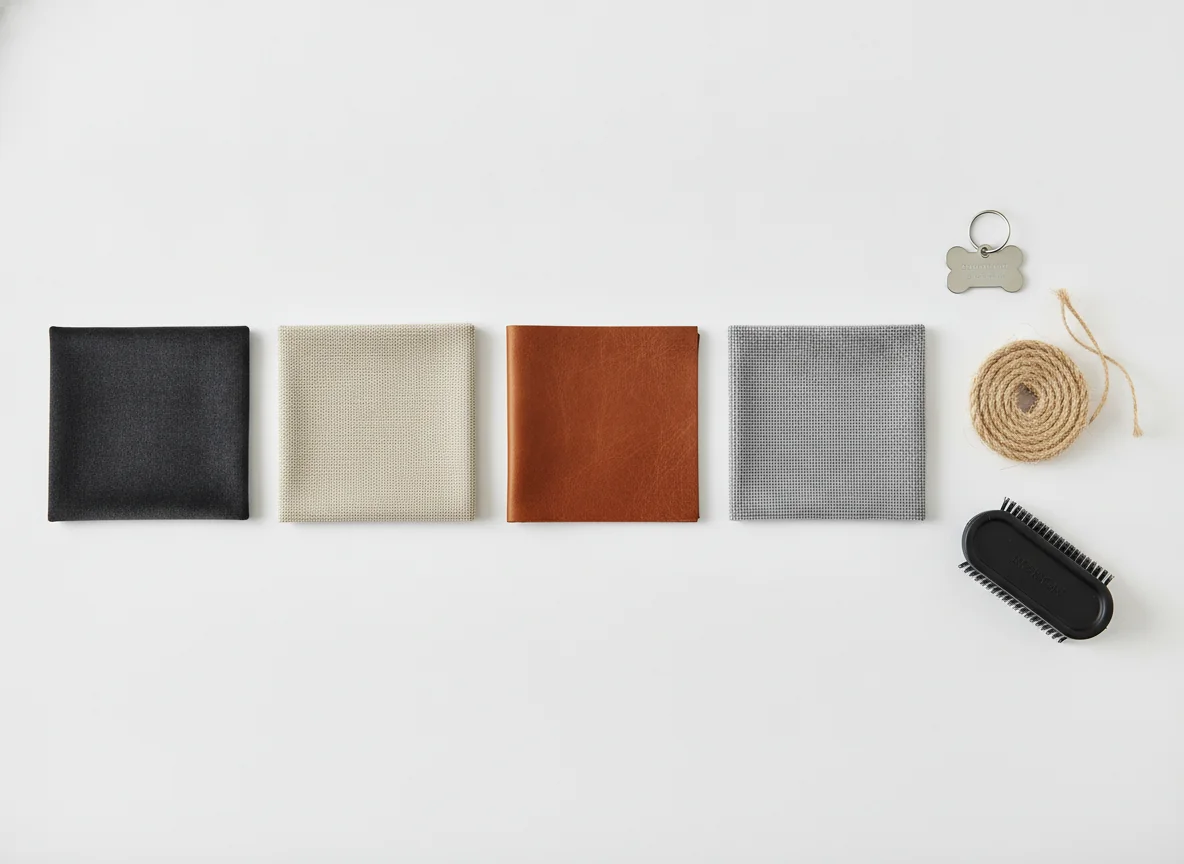 An editorial flat-lay of pet-friendly performance fabric swatches on a white studio surface — dark charcoal performance velvet, oatmeal Sunbrella solution-dyed acrylic, cognac full-grain pigmented leather, gray microfiber, a small sisal rope coil, a rubber pet-hair brush, and a single dog tag on a key ring — illustrating the material vocabulary of pet-friendly interior design.