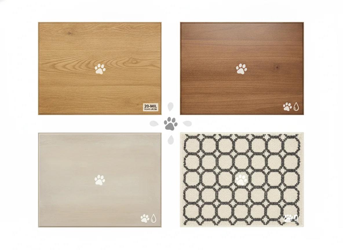 A clean editorial 4-up grid of four pet-friendly flooring samples — warm oak luxury vinyl plank with a 20-mil wear layer, warm walnut engineered hardwood with aluminum-oxide finish, large-format rectified porcelain tile in pale warm gray, and a low-pile wool geometric rug sample in cream and charcoal — illustrating the flooring options for pet-friendly interior design.