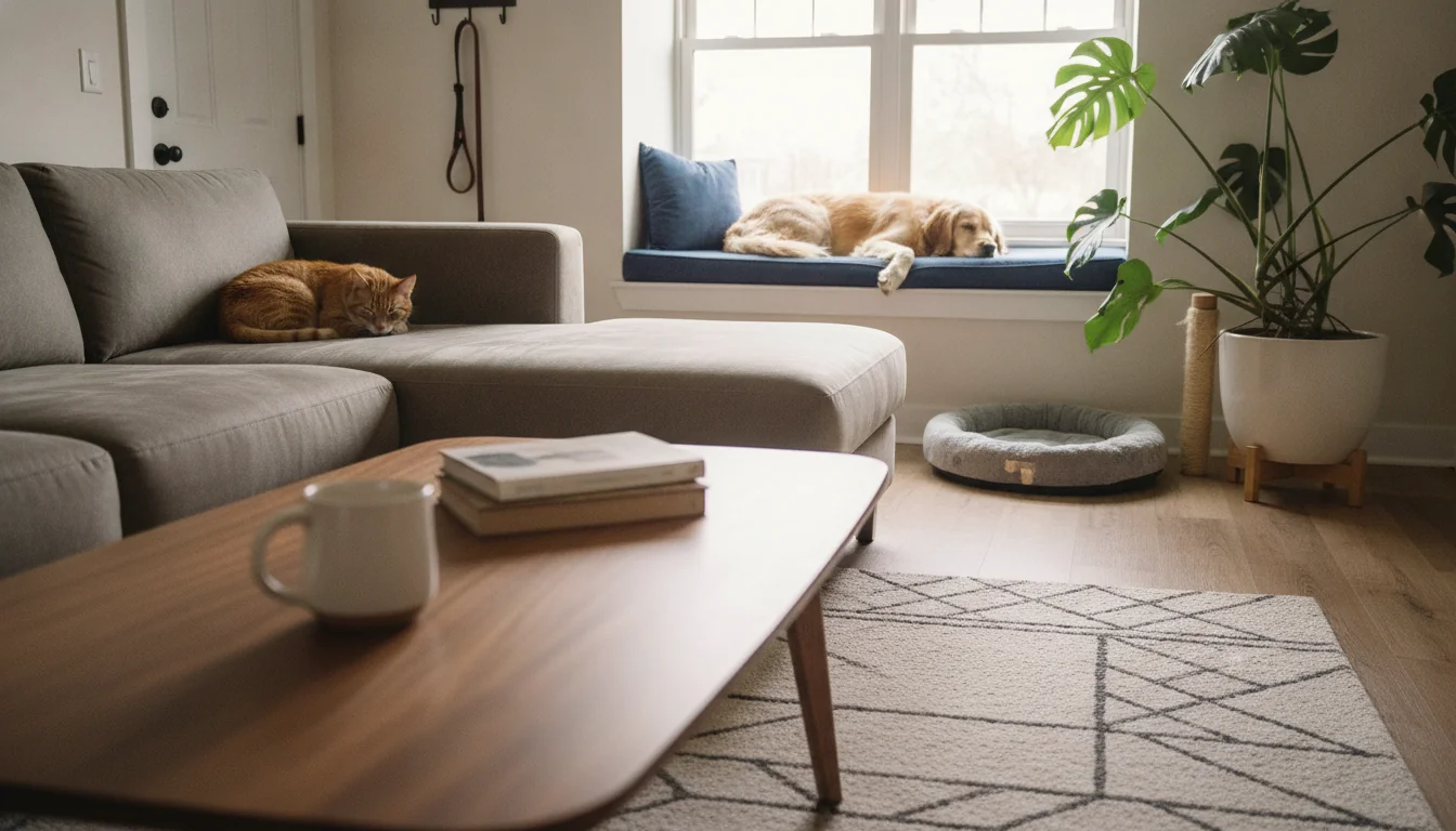 A photoreal AI-rendered living room designed for pet owners with a warm gray performance-fabric sectional, a stained-wood coffee table with rounded corners, a low-pile wool-look rug in a heathered oatmeal tone, luxury vinyl plank flooring in warm oak, a built-in window seat with a washable navy cushion and a dog bed tucked beneath, and soft natural light from a south-facing window — illustrating a pet-friendly interior where durable materials and clean lines coexist with the animals that live there.