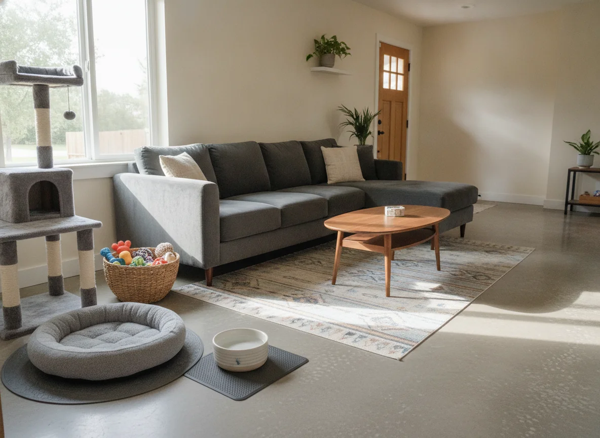 A photoreal AI-rendered living room showing the pet zone concept — a charcoal performance-velvet sectional sofa, a designated pet zone in the corner next to the sofa with a plush oval dog bed, a ceramic water bowl on a rubber mat, a woven basket of dog toys, a cat tree with natural sisal wrapping near a window, a wide clear path from the pet zone to the front door, and a low walnut coffee table with rounded corners — illustrating pet-friendly layout principles.