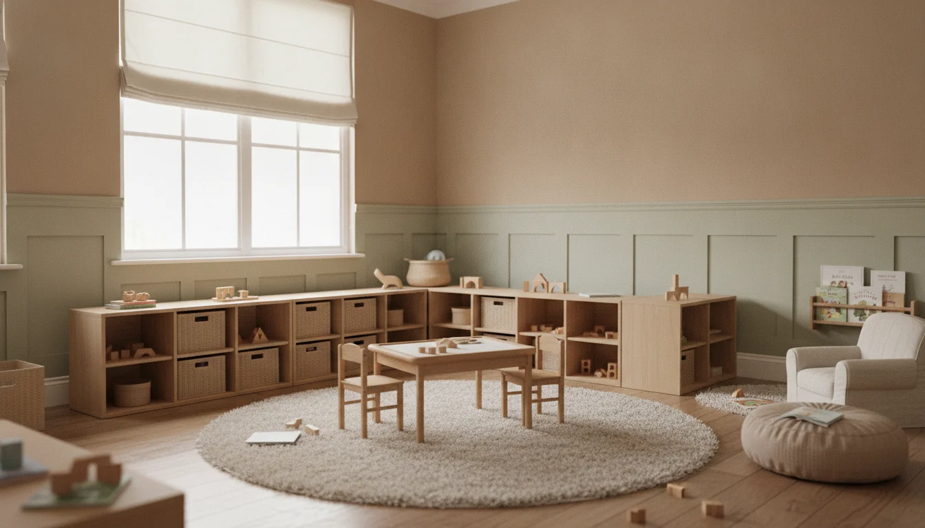 A bright photoreal AI-rendered playroom with a warm neutral palette — low modular cubbies with woven baskets, a round beige rug in the center with a low wooden play table and two small chairs, a cozy reading nook with a kid-sized armchair and floor cushion, warm natural light from a window, pale sage lower walls with soft white above the chair rail, and toys in labeled bins.