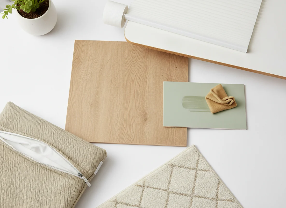 An editorial still-life product photograph of durable child-safe playroom materials arranged on a white background — a sample of luxury vinyl plank flooring in warm oak, a semi-gloss pale sage paint swatch with a wipe test, a corner of white melamine tabletop, a roll of cordless white cellular blinds, a velcro-attached washable beige cushion cover partially unzipped, a corner of a soft low-pile indoor-outdoor cream rug with geometric pattern — warm natural overhead lighting, editorial interior design product photography style.