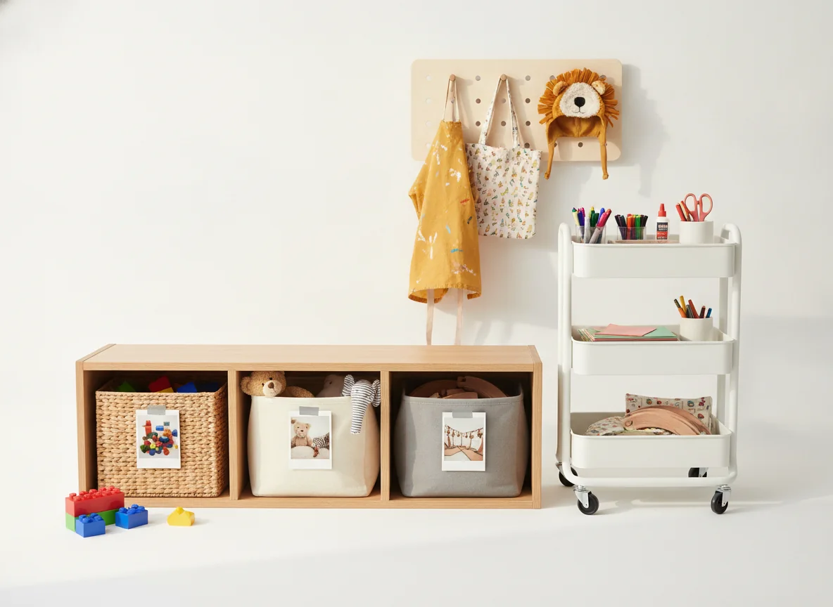 A warm editorial flat-lay photograph of child-height playroom storage — a row of low open-face light oak cubbies at 30 inches height holding woven seagrass bins with 4x6 photo labels taped to the front, a rolling three-tier white metal cart with art supplies in divided containers, and a white pegboard above with small hooks holding a child-sized smock and a fabric tote bag, warm natural overhead lighting, clean and organized, editorial children's product photography style.