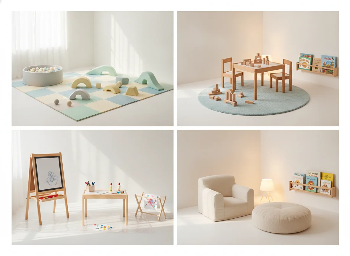 A 2x2 editorial grid of four photoreal playroom zones — top left active play with a soft mat, foam blocks, and a ball pit; top right quiet play with a low wooden table, two chairs, and blocks on a pale blue rug; bottom left art zone with an easel, divided art caddy, and wipeable mat; bottom right reading zone with a kid-sized armchair, floor cushion, and low bookshelf with front-facing books — illustrating AI-generated playroom zone ideas.