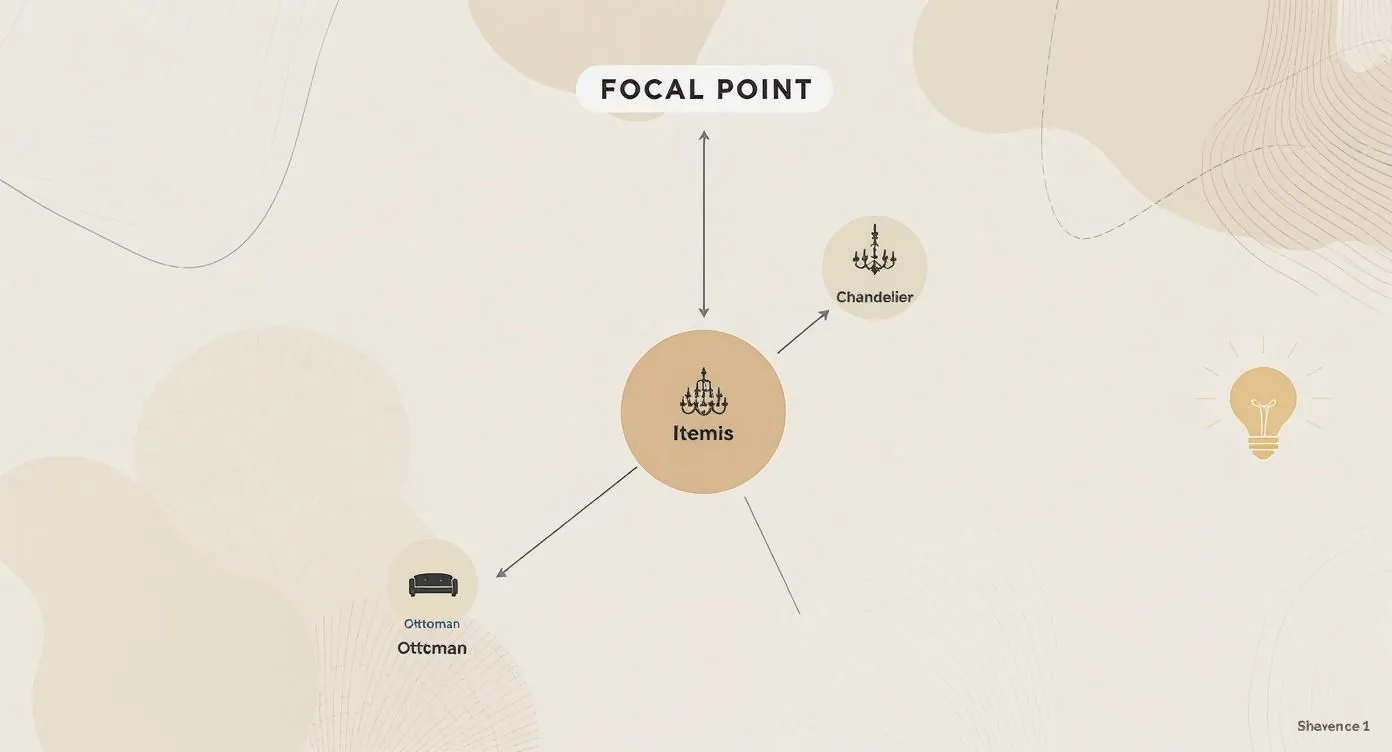 A conceptual diagram illustrating a focal point connected to interior design items like a chandelier and ottoman.