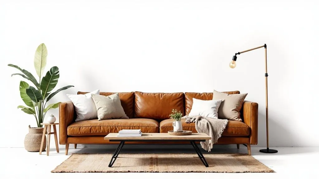 Stylish living room featuring a brown leather couch, wooden furniture, and green plants.