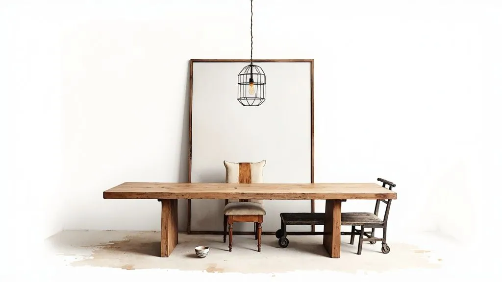Long rustic wooden table with mismatched chairs and an industrial pendant light in a minimalist room.