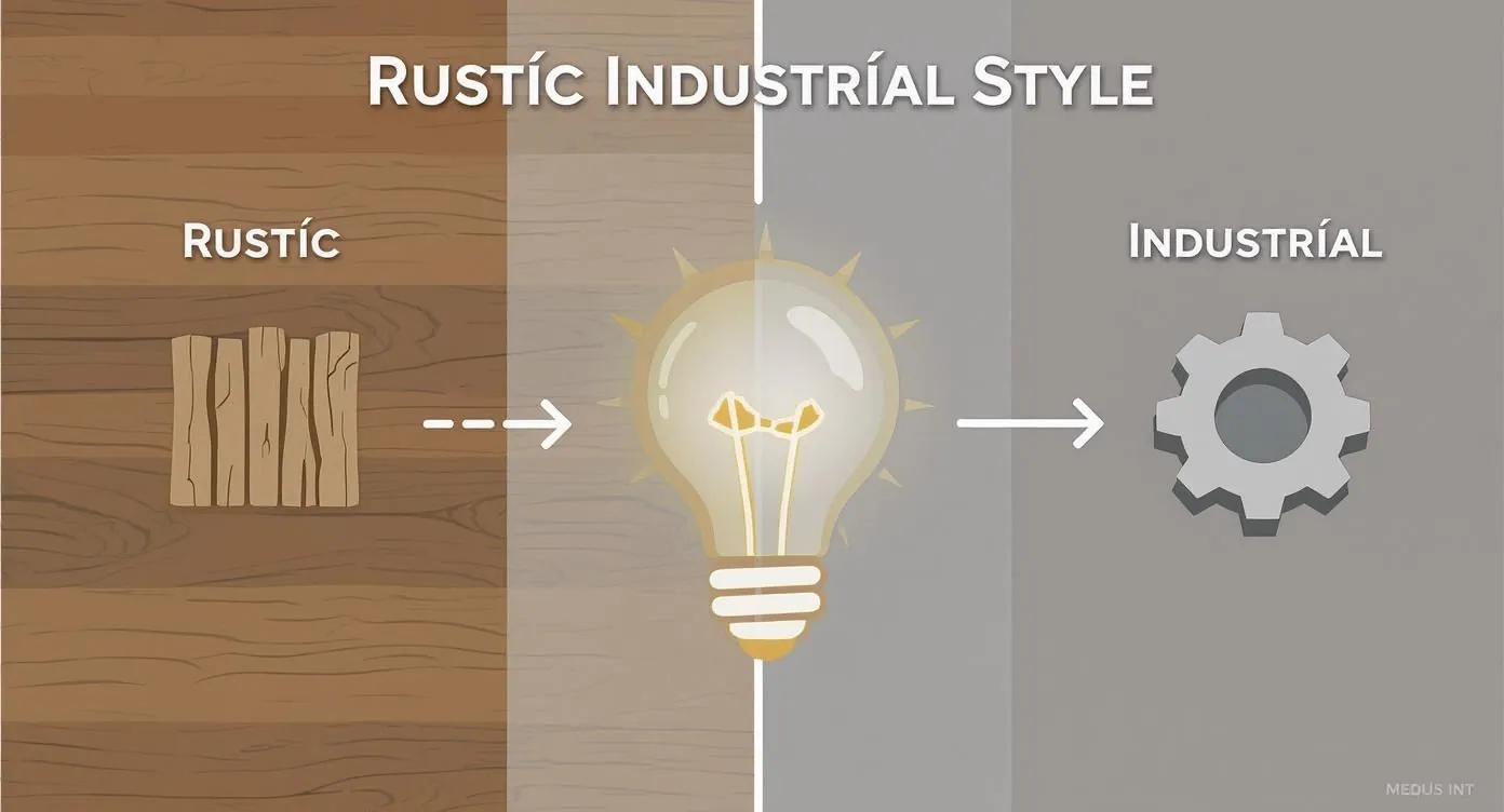 Diagram illustrating the fusion of rustic and industrial styles with wood, lightbulb, and gear.