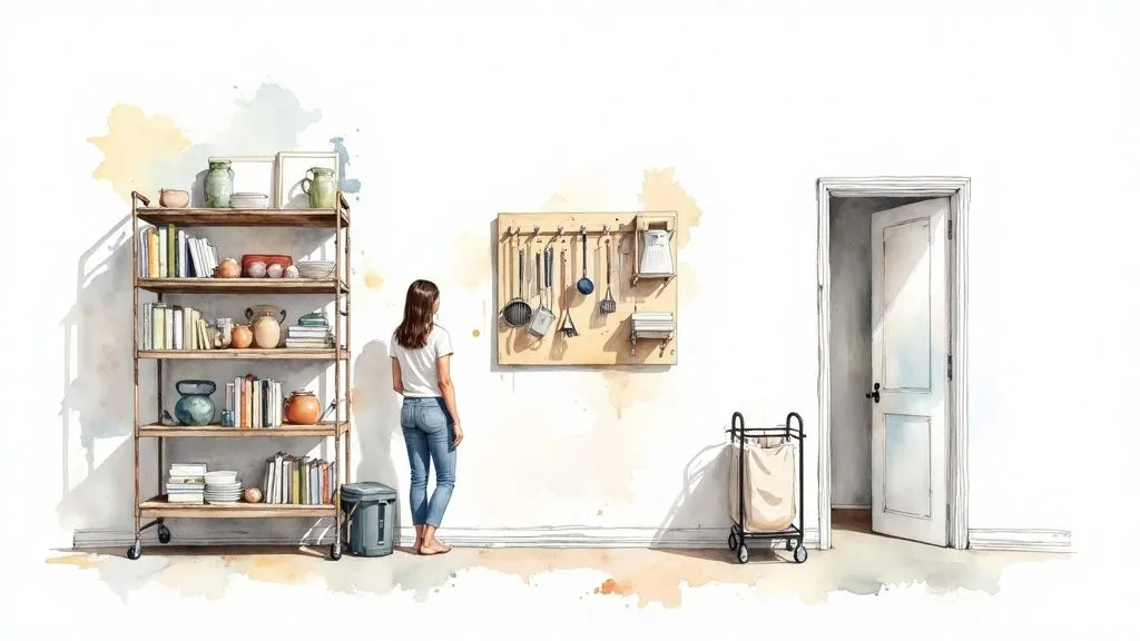 A woman stands in a functional room with a bookshelf, pegboard with utensils, and a laundry cart.