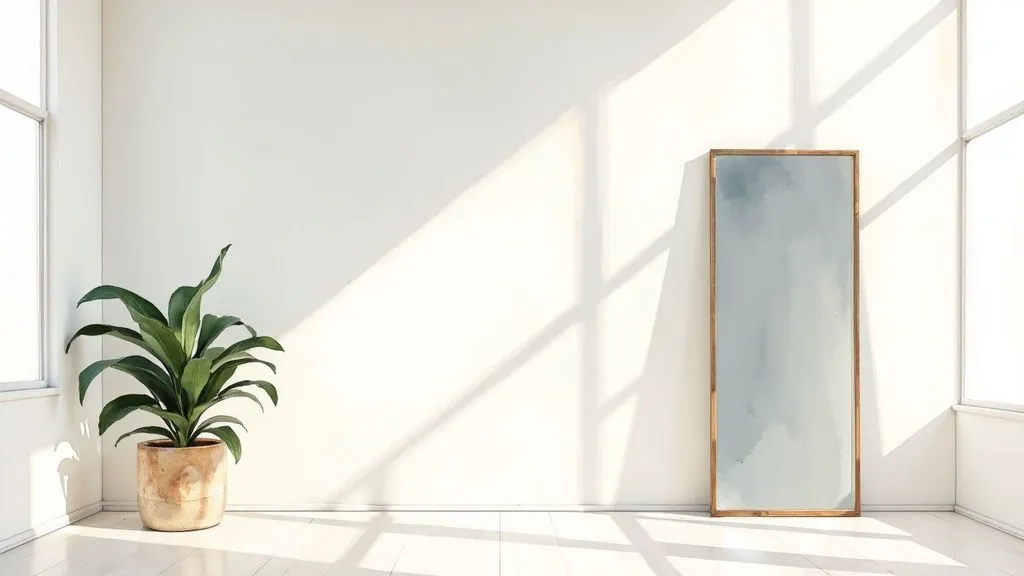 Bright, minimalist room with a green plant, a mirror, and natural light casting shadows.