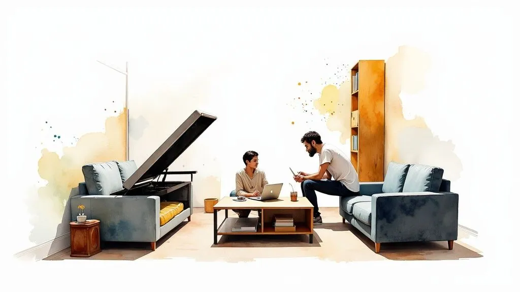 A stylish small studio apartment featuring multi-functional furniture, including a sofa with visible legs and vertical shelving.
