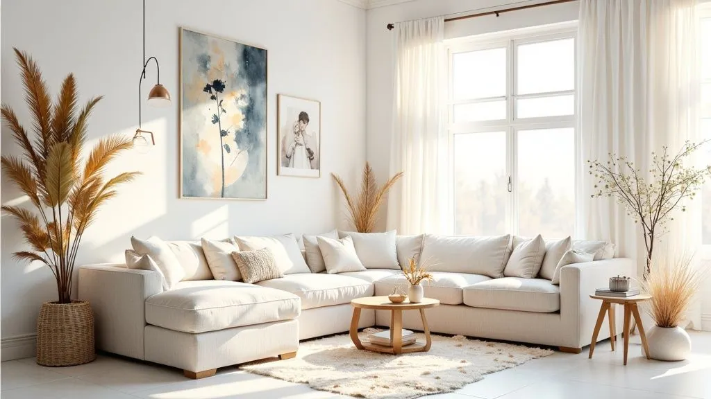 A bright and airy small studio apartment with large mirrors and a light color palette.