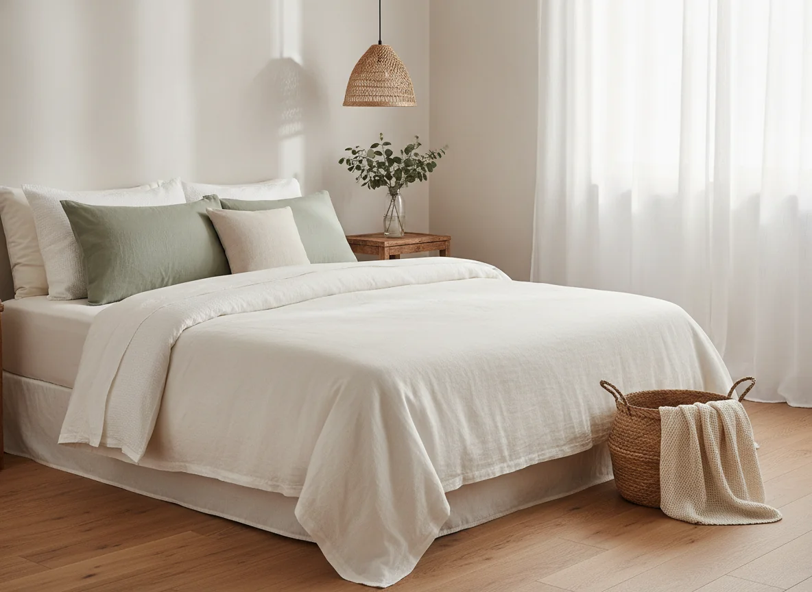 A bright AI-rendered summer bedroom with a white linen duvet and cream percale sheets, sage and cream linen accent pillows, a small rattan pendant light over the bedside table, a seagrass basket holding a light cotton throw, a clear glass vase with fresh eucalyptus on the nightstand, and soft morning light filtering through white linen curtains — illustrating the summer home decor bedroom refresh.