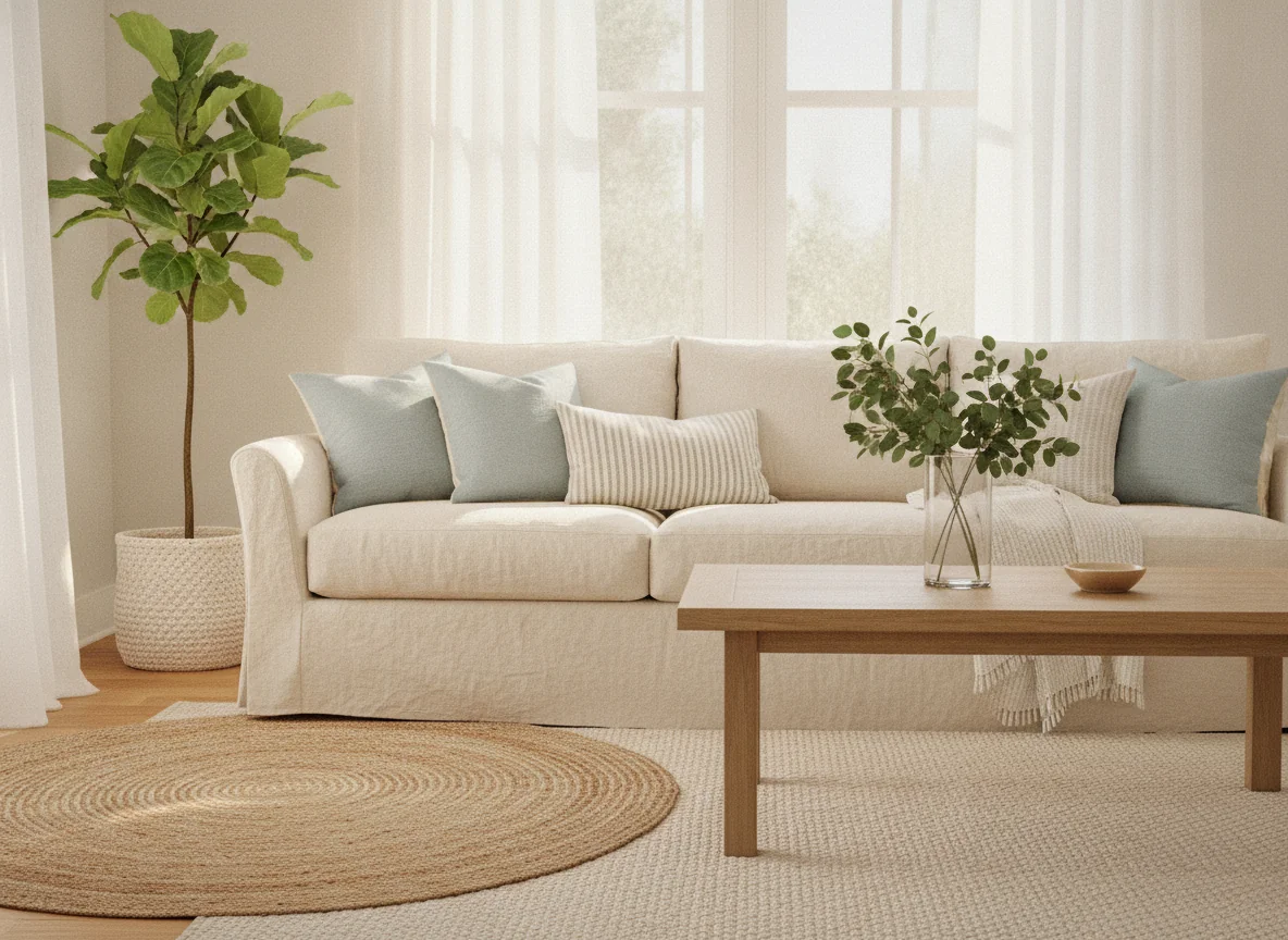 A bright AI-rendered living room for summer with a cream linen slipcovered sofa, pale blue and cream cotton pillows, a layered jute rug under a flat-weave cream cotton dhurrie, white semi-sheer linen curtains framing a sunlit window, a light oak coffee table with a glass vase of eucalyptus, and a large fiddle-leaf fig in a cream basket-weave pot.