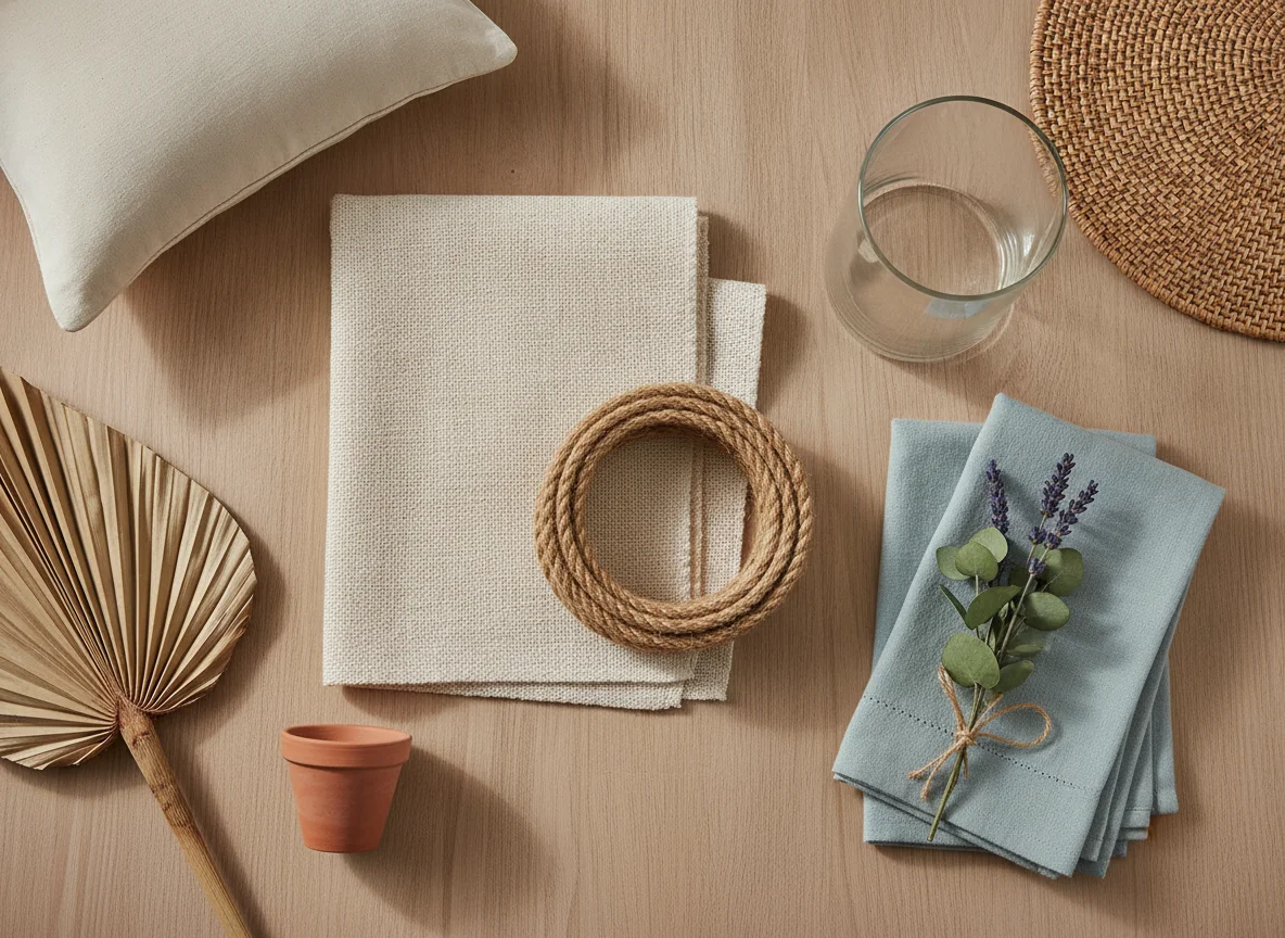 An editorial flat-lay on a natural wood surface showing the summer material kit — a folded swatch of cream linen, a coiled length of natural jute rope, a small section of rattan weave, a creamy white cotton percale pillowcase, a clear glass vase, three pale-blue linen napkins, a sprig of eucalyptus and a stem of lavender tied together, a small terracotta pot, and a tan dried palm fan — illustrating the summer decor vocabulary of linen, rattan, cotton, and glass.